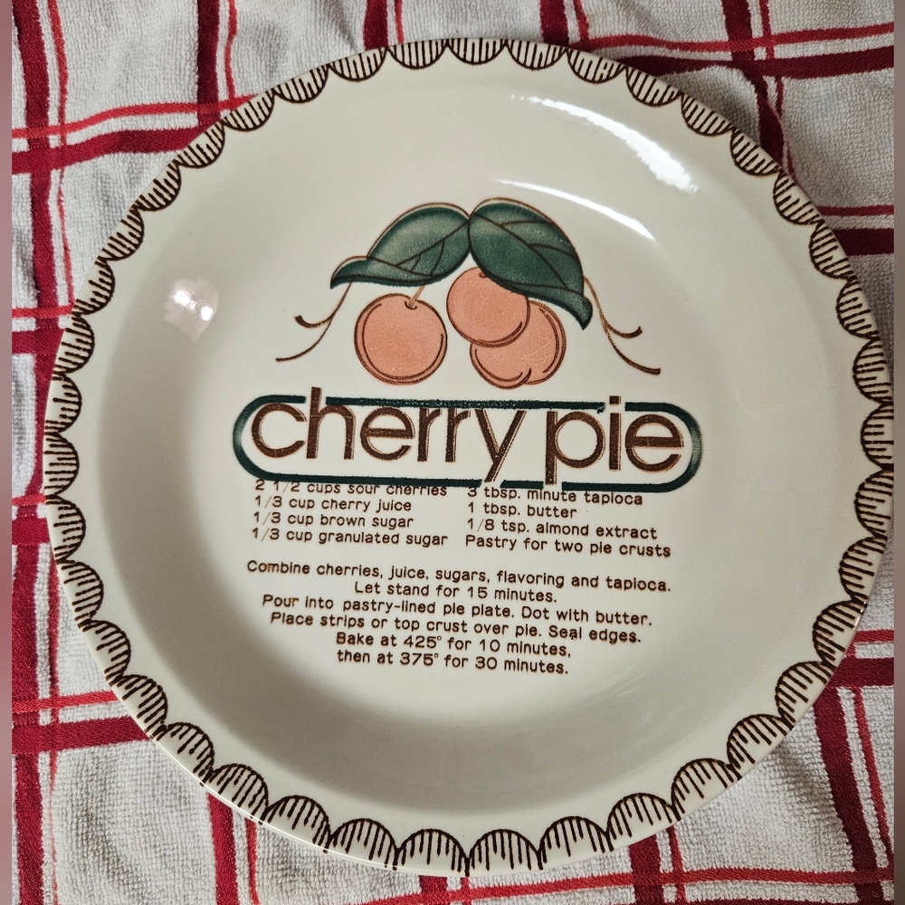 Vintage Mount Glemens Pottery cherry pie dish with recipe.